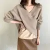 Colección de otoño/invierno transfronteriza de Amazon: suéter de punto de color liso, hombros descubiertos, con escote cruzado, estilo mujer