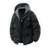 Nova jaqueta de algodão masculina de inverno, jaqueta acolchoada falsa de duas peças, casual, à prova de vento, quente, com capuz, casaco de algodão confortável