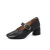 Zapatos Mary Jane de Estilo Europeo y Americano, Talla Grande 40-42, Punta Redonda, Correa Única, Tacón Alto, Piel de Vaca de Primera Capa Rojo Rouge Pulido, Tacón Grueso