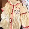 Pijama de Encaje con Rayas Amarillas y Osito para Mujer Verano Encaje Manga Corta Pantalón Corto Conjunto de Dos Piezas Se Puede Usar Fuera de Casa Ropa para el Hogar