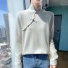 Nova Blusa de Cashmere com Gola Estilo Chinês Outono e Inverno Suéter Retrô Feminino Camisa Base de Lã Tricotada Solta