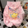 Sudadera con Capucha Estilo Perezoso Divertido Tie-Dye para Mujer Otoño e Invierno 2025 Estampado de Estrellas de Dibujos Animados Rosa Top Casual