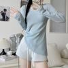 Blusa Interior Protectora Solar de Seda Azul Hielo para Mujer Primavera y Verano Nueva Prenda Exterior Adelgazante Dulce Camisa Base Ropa Exterior de Punto Top