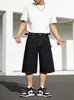 Shorts de mezclilla anchos con costuras de contraste estilo americano para hombre, nuevo estilo urbano primavera-verano, corte holgado con hebilla en la cintura, pantalones cortos casuales para mujer, modernos
