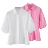 Ropa de Mujer Transfronteriza Verano 2026 Estilo Europeo y Americano Moda Ajustada de un Solo Botón Ceñidor de Cintura Cuello Solapa Manga Abullonada Camisa para Mujer M87026
