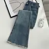 Jeans pitillo retro para mujer estilo americano de cintura alta elásticos ajustados rectos de herradura deshilachados pantalones de trapeador acampanados mujer