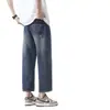 Calça Jeans Masculina de Lyocell Tencel Verão Fina Tendência Perna Larga Solta Reta Emagrecedora Calça Comprida Casual Masculina