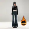 Calça Jeans Azul com Forro de Fleece e Fenda Lateral para Mulheres, Calça Flare Outono e Inverno, Calça Flare Não Apertada, Afinando Cintura Alta A8231
