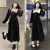2023 Nuevo Vestido Vintage Universitario Simple Color Contraste Cuello Muñeca Cintura Ceñida Adelgazante para Mujer Vestido Ligero Maduro Negro