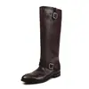 Botas de caballero de cuero de vaca completo con doble hebilla ajustable 2026 otoño e invierno tacón bajo grueso punta redonda cuero genuino caña alta botas largas para mujer
