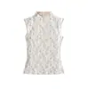 Top de renda curto estilo americano picante para mulheres, gola alta, sem mangas, justo, acinturado, design de primavera, emagrecedor e único