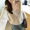 Juego de piezas transfronterizo de 101.3 kg: camisola con diseño calado, cárdigan de punto casual y suave, top de manga larga con cuello en V, nuevo estilo de moda