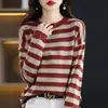 Suéter de Punto Clásico a Rayas de Manga Larga para Mujer, Suéter de Cuello Redondo, Corte Holgado, Elegante y Rejuvenecedor, Ropa Interior Cálida, Suéter de Abrigo