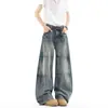 Jeans Vintage Lavados con Estampado de Bambú para Hombre, Tendencia High Street, Diseño Holgado de Pierna Ancha, Pantalones Largos Casuales Versátiles