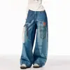 Jeans Masculino Retrô Americano 2025 Patchwork Estampado Solto Casual Reto Perna Larga Calça Longa