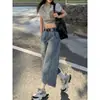 Calça Jeans Capri de Bainha Curva Estilo Americano de Alta Qualidade para Mulheres, Tendência de Verão Versátil, Nova Casual de Perna Larga de Comprimento Médio