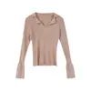 Suéter Gola Polo Tricotado em Lã de Cor Sólida, Manga Sino, Slim Fit, Listrado Elástico, Gola, Novo Estilo Inverno Feminino