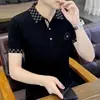 Top Camiseta Fina de Manga Curta com Gola de Lapela Estilosa, Manga Curta de Seda de Gelo, Moda Verão Masculina de Comércio Exterior, Estilo Coreano Tendência, Roupa para Jovens