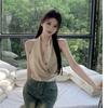 Elegante Top sin Mangas de Raso con Cuello Halter para Mujer, Estilo Francés, Nuevo Camisola Sexy sin Espalda Cruzado con Cuello en V para Verano