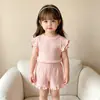 Conjunto de meninas transfronteiriço 2026 roupas de bebê com mangas pequenas bufantes e shorts, conjunto de duas peças de verão para meninas