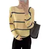 Suéter de tricô casual com blocos de cor listrados para mulheres, caimento solto, estilo coreano de outono, suéter de lã ursinho de mel emagrecedor, blusa básica versátil