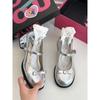 Sapatos de camada única com laço prateado estilo coreano Sapatos femininos de couro pequenos de verão 2023 elegantes com senso francês Mary Jane