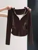 Top com capuz em cor contrastante preto e branco de outono para mulheres, camiseta de manga longa com zíper parcial e cordão para ajuste na cintura, estilo duas peças falsas