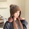 Gorro grueso de punto estilo Fair Isle para otoño e invierno, forrado de polar, cálido y protege los oídos, tejido para cabeza de circunferencia grande, hace que la cara parezca más pequeña