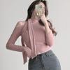 Corea del Sur Dongdaemun Nuevo Rosa Suave Elegante Cordones Cuello Semialto Ajustado Manga Larga Camiseta gn