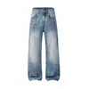 Jeans vintage azules de corte limpio estilo americano para hombre, lavados y desgastados, pantalones rectos holgados con buena caída, pantalones largos casuales versátiles