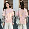 Camiseta de manga larga para niña, nueva colección de otoño 2026, estilo de dos piezas, algodón puro, ropa de otoño, capa base casual para niños mayores