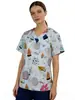 Blusa de Uniforme Estampada con Cuello en V para Mujer, Elástica de Secado Rápido, Uniforme para Salón de Peluquería de Mascotas, Doctor, Enfermera, Manga Corta