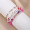 Pulseira Artesanal Transfronteiriça de Joias Letra Inglesa Arco-Íris Pulseira Empilhada Multicamadas Para Usar em Camadas Pulseira de Pérola em Forma de Coração Colorida Doce para Mulheres