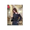 Top Versátil de Rayas y Bloques de Color Off-Shoulder Estilo Coreano para Mujer, Estilo Perezoso Vintage Primavera y Otoño, Ajuste Delgado, Manga Larga con Personalidad