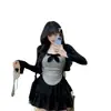 Estilo Puro y Atractivo de Chica Ligeramente Gordita: Conjunto de Tres Piezas: Cárdigan con Manga Acampanada + Camisola + Falda de Encaje de Cintura Alta con Volantes