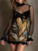 Vestido Sexy de Encaje Patchwork Estilo Nuevo Europeo y Americano Transfronterizo, Elegante Malla Estampada con Diseño Falda Corta Ajustada a la Cadera
