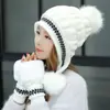 Chapéu de inverno feminino tricô bola de pelo luvas conjunto de 2 peças chapéu quente ciclismo forrado com fleece espesso quente protetores de ouvido