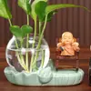 Jarrón hidropónico de monje creativo inspirado en el Zen con base de celadón, recipiente de vidrio transparente para plantas verdes, adorno de decoración para escritorio de oficina
