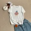 Chapéu Estampado Estilo Coreano de Alta Qualidade, Camiseta de Manga Curta, Refrescante e Estilosa, Rejuvenescedora, Caimento Solto, Emagrecimento, Blusa de Algodão com Aspecto de Linho