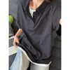 Camisa Polo Cinza Falsa de Duas Peças Manga Curta Masculina Verão Malha Waffle Ombro Reto Camiseta Senso Avançado Americana Manga Meia