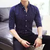 Camisa Masculina de Verão Casual Business Listrada Manga Sete Camiseta Moda Masculina plus size Slim-Fit Estilo Coreano Camisa