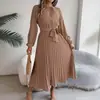 Amazon Transfronterizo Primavera y Otoño Nueva Ropa de Mujer Color Sólido Cuello Alto Manga Larga Cintura Plisada Ceñidor Elegante Vestido