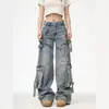 Jeans de trabajo multibolsillos para hombre y mujer, pantalones rectos holgados de pierna ancha estilo americano de la calle, jeans rasgados geniales versátiles de moda