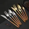 Conjunto de talheres de aço inoxidável Amazon 430 para uso transfronteiriço, 20 peças, faca, garfo e colher, cabo de imitação de madeira, talheres ocidentais, faca de bife, garfo e colher