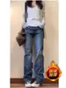 Jeans de Terciopelo Americano Vintage Retro Azul de Cintura Baja Ligeramente Acampanados para Mujer Pantalones Rectos Altos Ajustados Elásticos