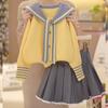 Conjunto de suéter y falda para niña, primavera y otoño 2025, cárdigan de estilo universitario para niña, chaqueta de suéter de punto, falda plisada