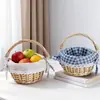 Cesta de mão trançada com forro xadrez de linho, cesta de frutas com alça móvel, cesta de flores trançada, cesta de armazenamento para casa