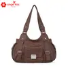Nuevo Bolso de Hombro para Mujer Estilo Europeo y Americano Angelkiss, Bolso Tote Casual Retro Personalizado con Múltiples Bolsillos, Bolso de Tela Lavada