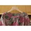 Foto Real de uma Camisa Chinesa de Algodão e Linho com Estampa Floral, Botões Frontais e Mangas Lanternas Elegantes, Blusa Pulôver Fina Estampada