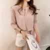 2026 Verano Nuevo Estilo Coreano Moda Talla Grande Cuello Redondo Rayas Camisa Top de Manga Tres Cuartos para Mujer Holgado Casual